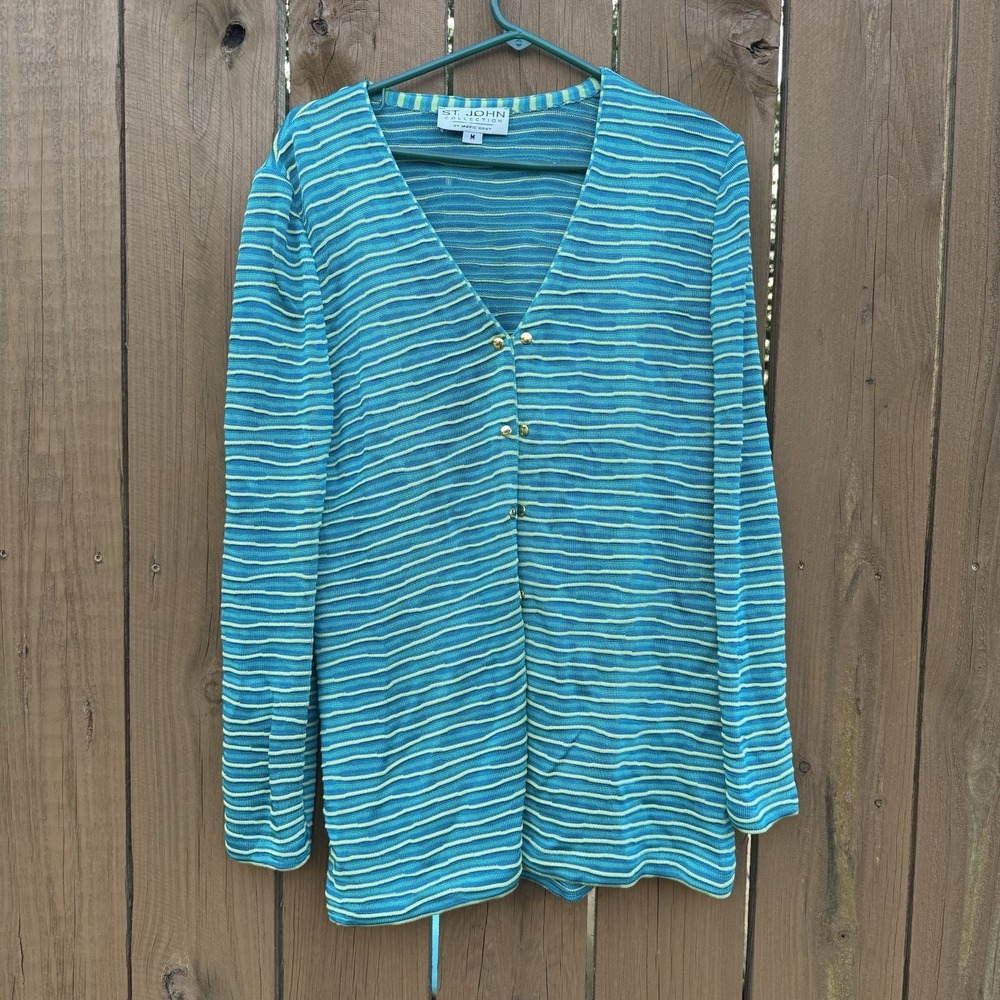 St. John Collection Sz‎ M Open Front Cardigan Sweater Teal Blue & Yellow Striped